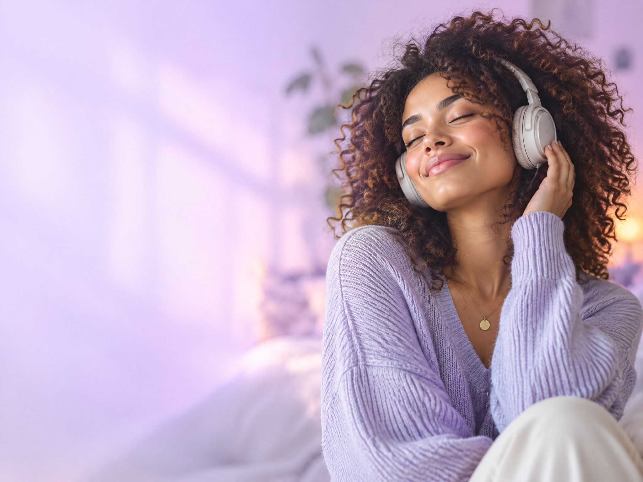 A woman with curly hair listening to music on headphones with her eyes closed