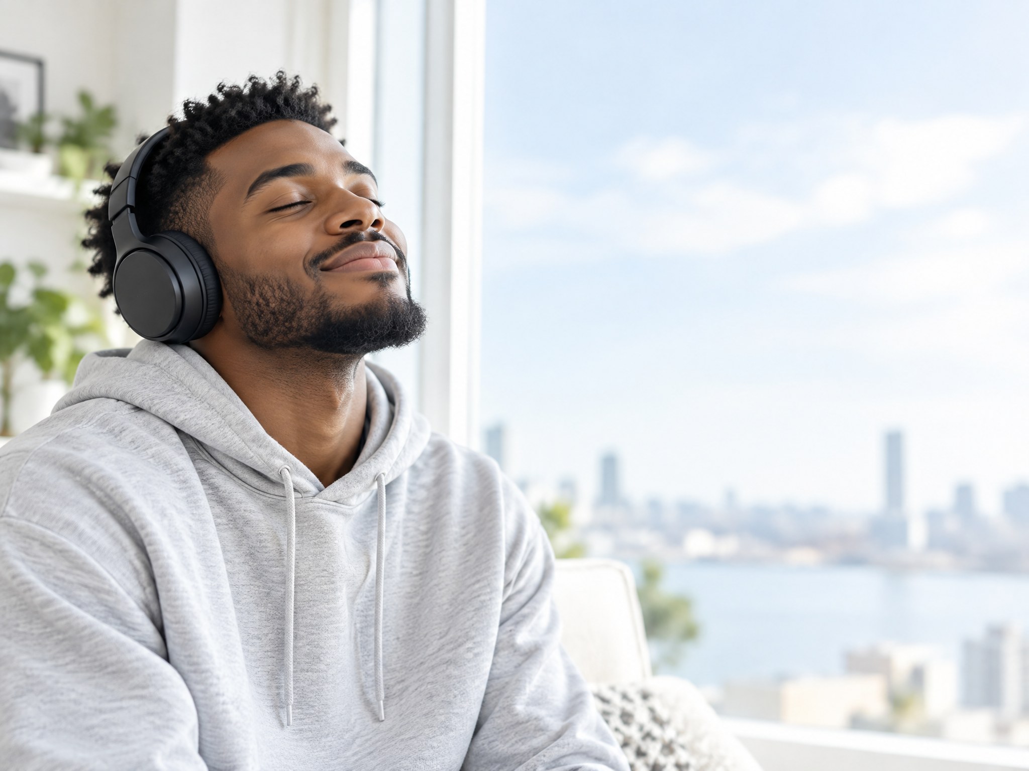 A listener wearing headphones, smiling with his eyes closed as he enjoys music